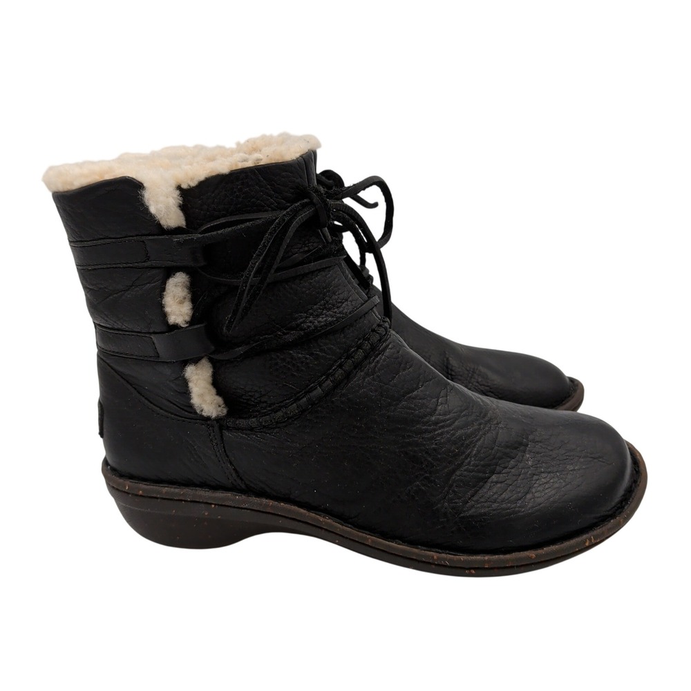 UGG 1932 Black Leather Shearling Lined Lace Up Ankle Boots Womens 8